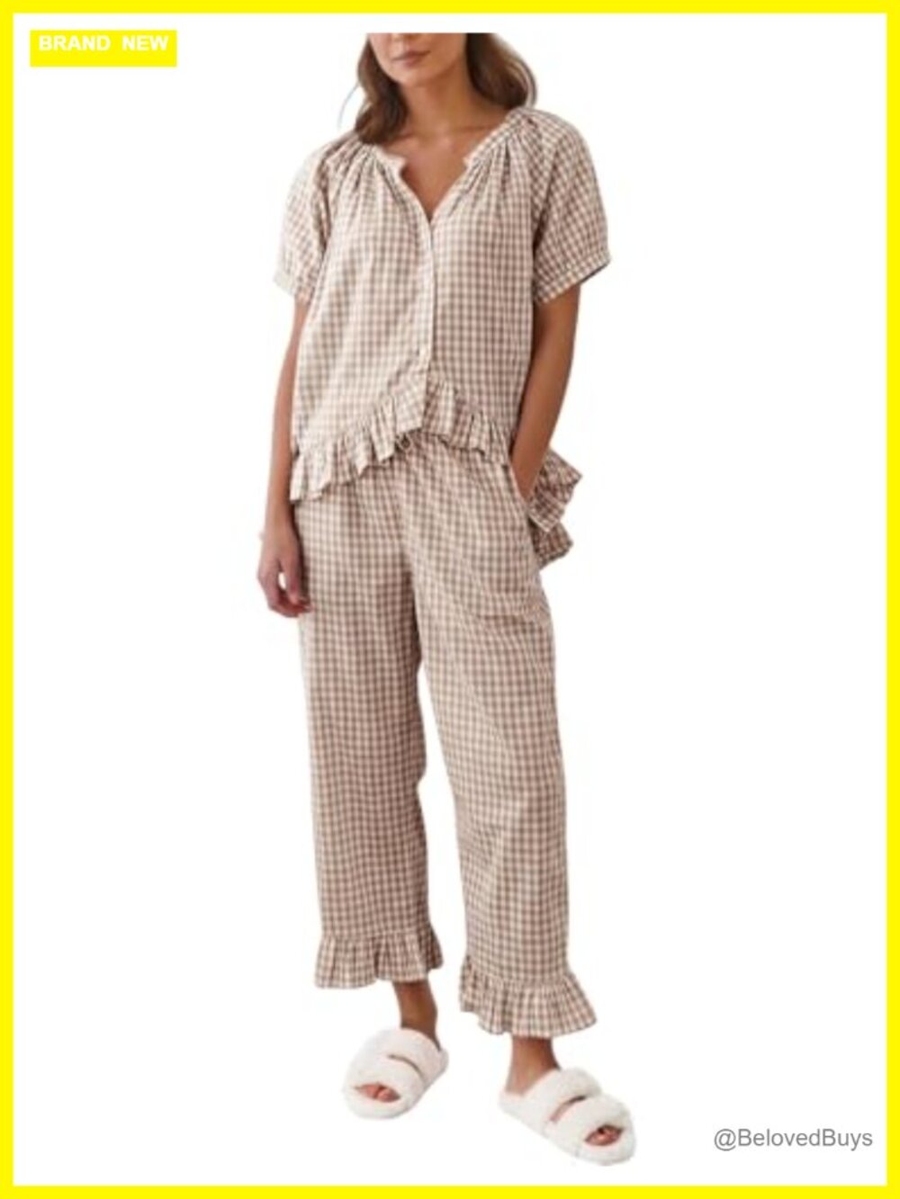 Gingham Pajama Set 2 Piece Cotton Button Down Top Pants Babydoll
